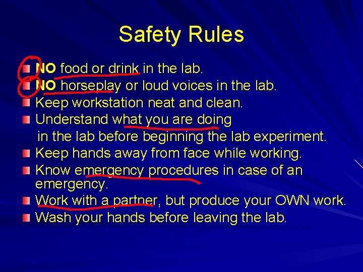 Safety Rules NO food or drink in the lab. NO horseplay or loud voices