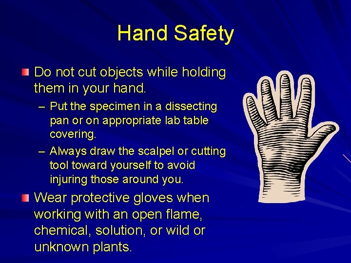 Hand Safety Do not cut objects while holding them in your hand. – Put
