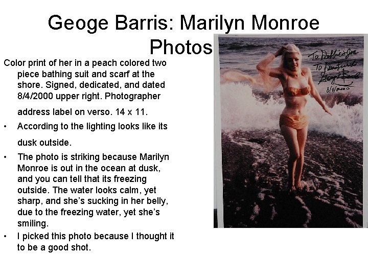 Geoge Barris: Marilyn Monroe Photos: Color print of her in a peach colored two