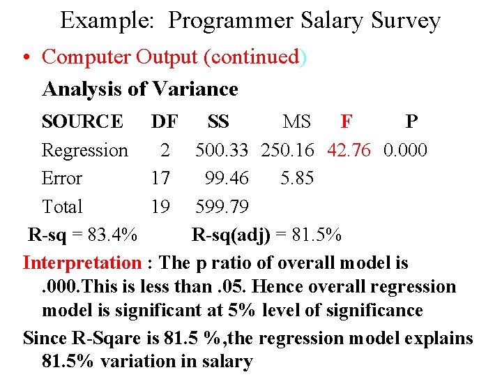 Example: Programmer Salary Survey • Computer Output (continued) Analysis of Variance SOURCE DF SS