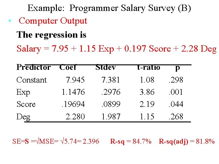 Example: Programmer Salary Survey (B) • Computer Output The regression is Salary = 7.