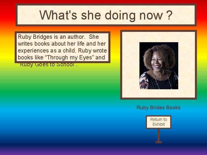 What's she doing now ? Ruby Bridges is an author. She writes books about