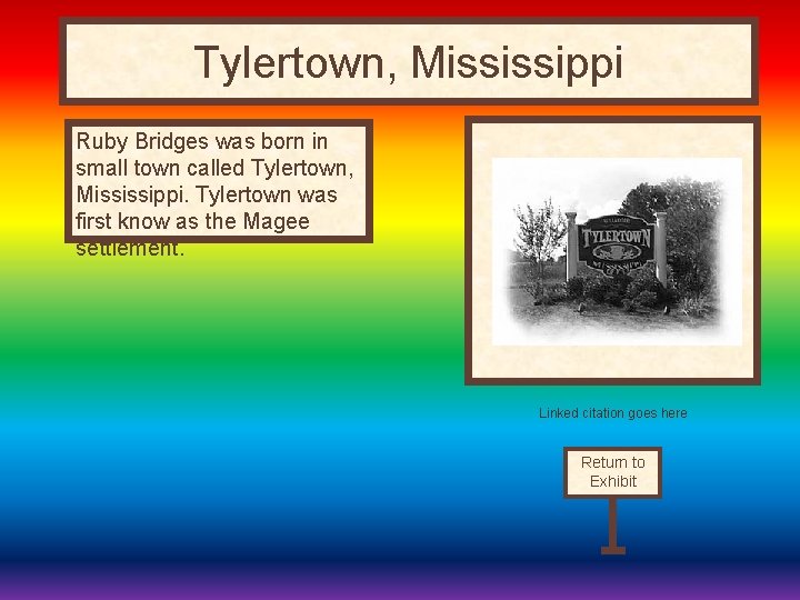 Tylertown, Mississippi Ruby Bridges was born in small town called Tylertown, Mississippi. Tylertown was
