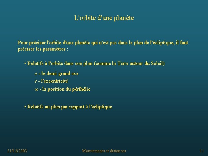 L'orbite d'une planète Pour préciser l'orbite d'une planète qui n'est pas dans le plan