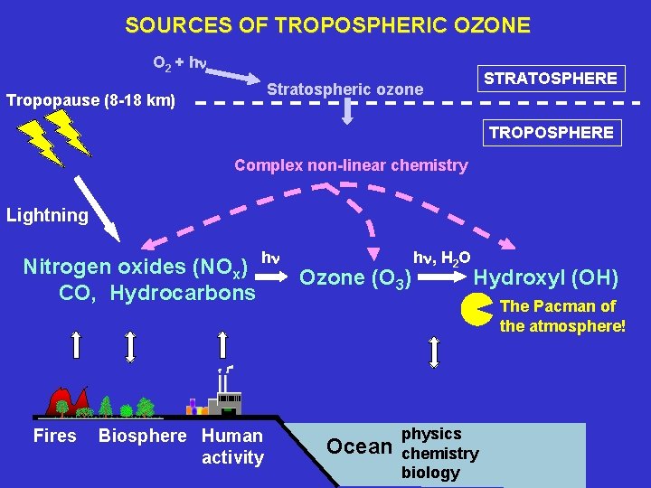 SOURCES OF TROPOSPHERIC OZONE O 2 + hn Stratospheric ozone Tropopause (8 -18 km)