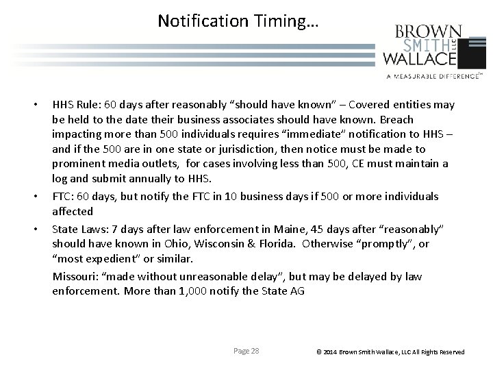 Notification Timing… • • • HHS Rule: 60 days after reasonably “should have known”