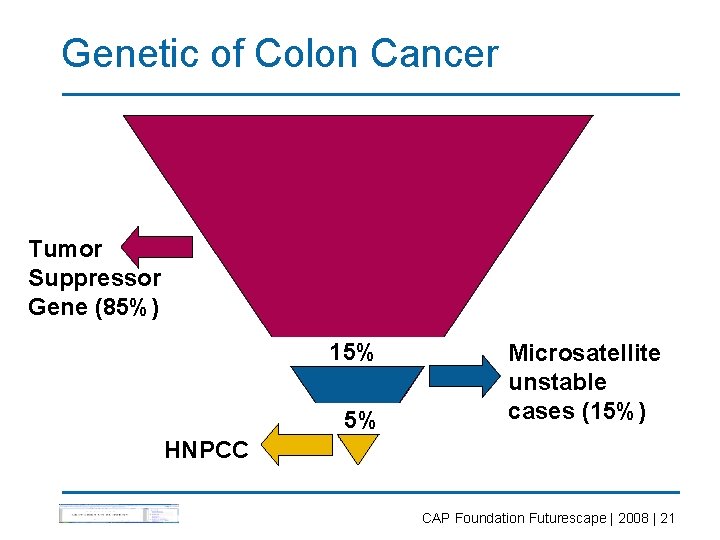 Genetic of Colon Cancer Tumor Suppressor Gene (85%) 15% 5% Microsatellite unstable cases (15%)