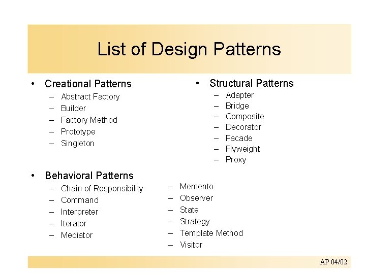 List of Design Patterns • Structural Patterns • Creational Patterns – – – Abstract
