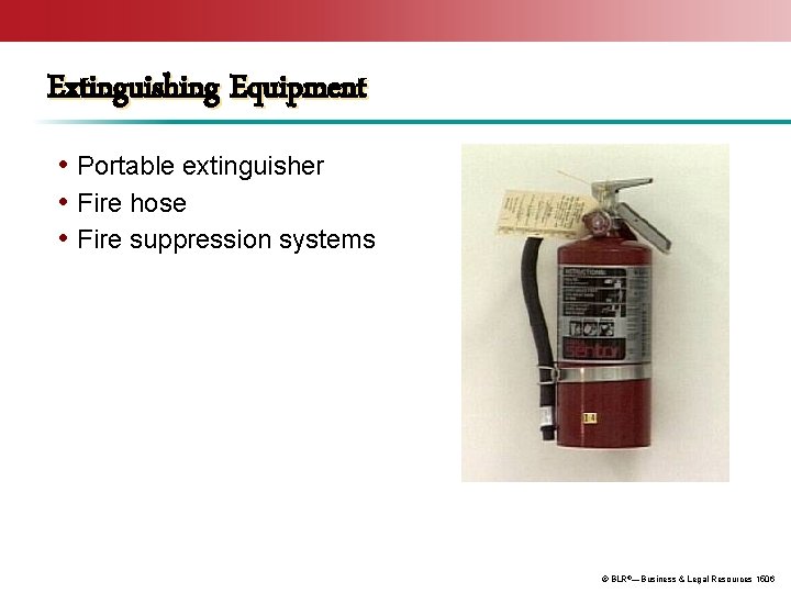 Extinguishing Equipment • Portable extinguisher • Fire hose • Fire suppression systems © BLR®—Business