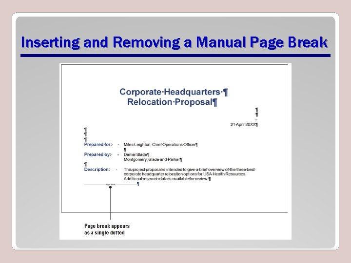 Inserting and Removing a Manual Page Break 