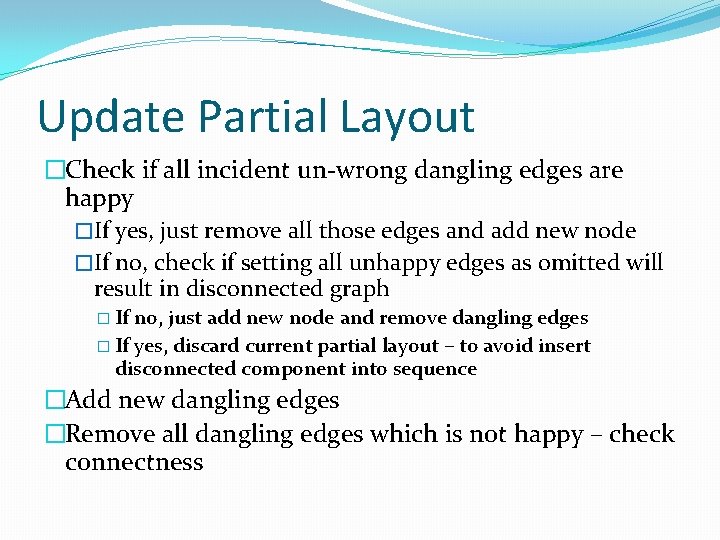 Update Partial Layout �Check if all incident un-wrong dangling edges are happy �If yes,