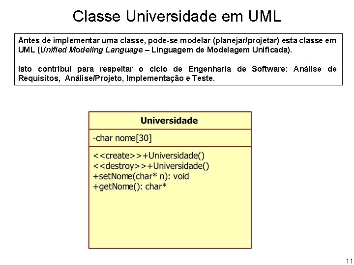 Classe Universidade em UML Antes de implementar uma classe, pode-se modelar (planejar/projetar) esta classe