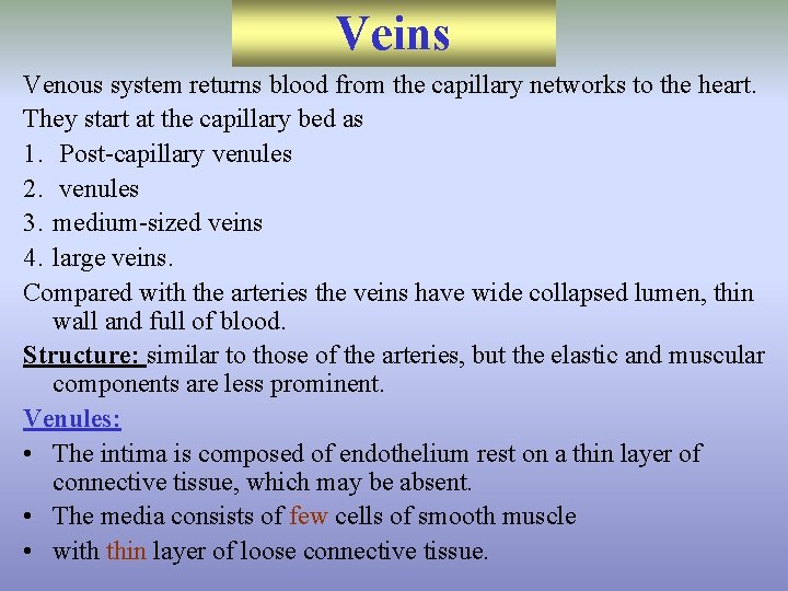 Veins Venous system returns blood from the capillary networks to the heart. They start