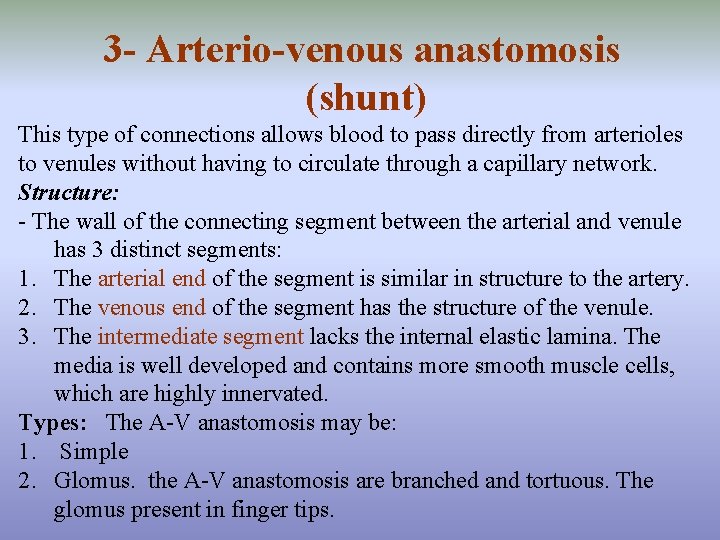 3 - Arterio-venous anastomosis (shunt) This type of connections allows blood to pass directly