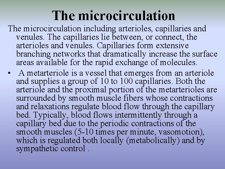 The microcirculation including arterioles, capillaries and venules. The capillaries lie between, or connect, the
