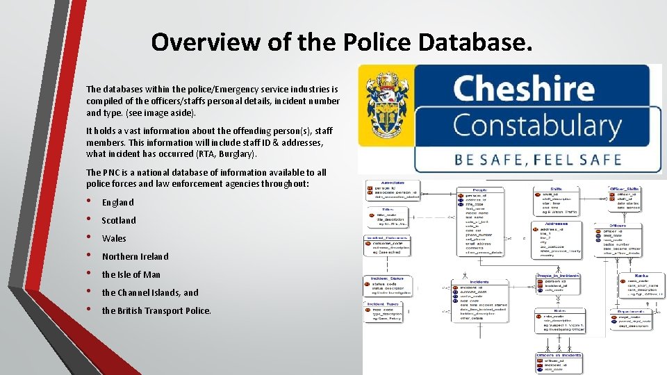 Overview of the Police Database. The databases within the police/Emergency service industries is compiled