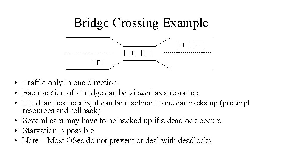 Bridge Crossing Example • Traffic only in one direction. • Each section of a