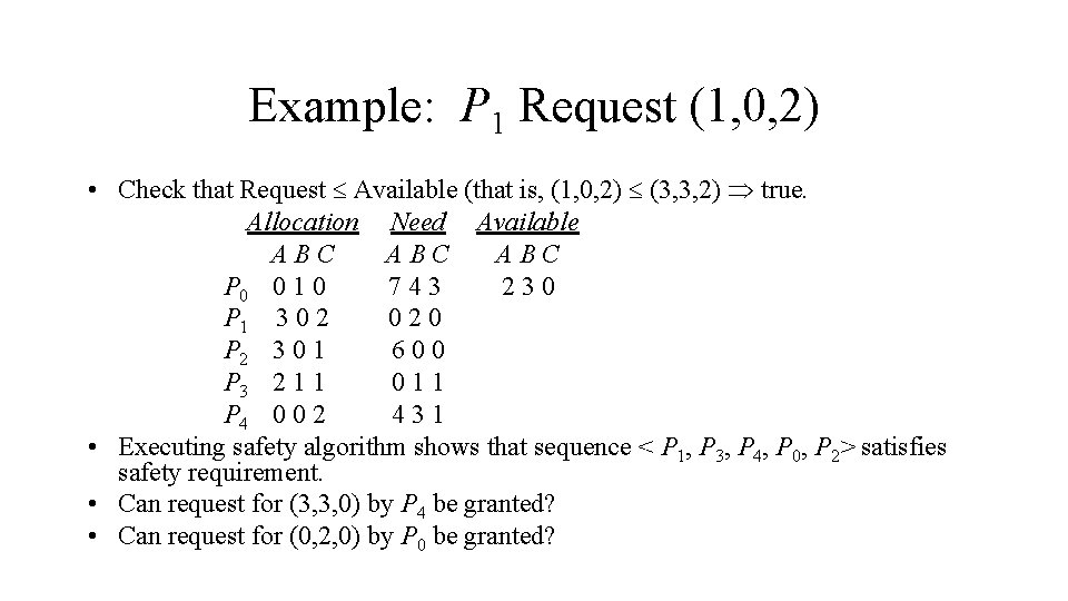 Example: P 1 Request (1, 0, 2) • Check that Request Available (that is,