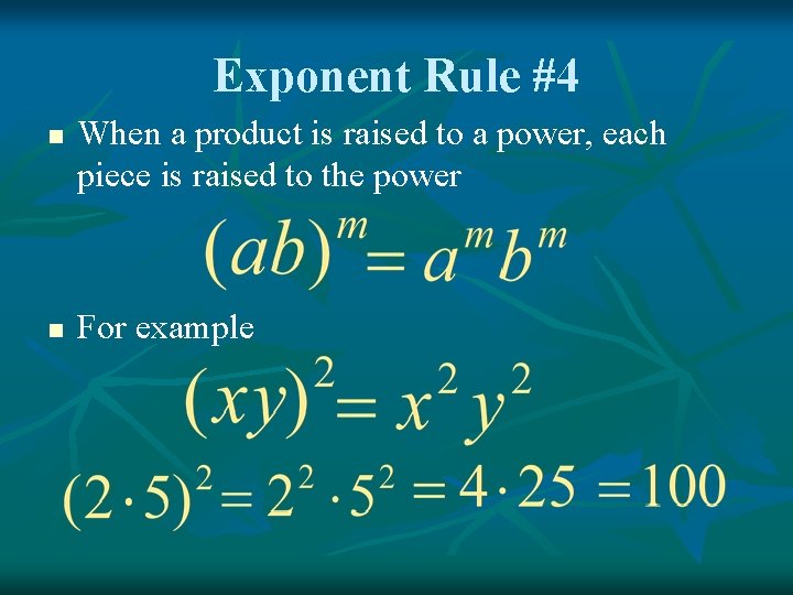 Exponent Rule #4 n n When a product is raised to a power, each