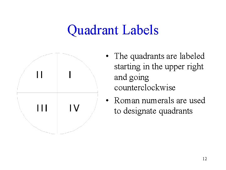 Quadrant Labels • The quadrants are labeled starting in the upper right and going