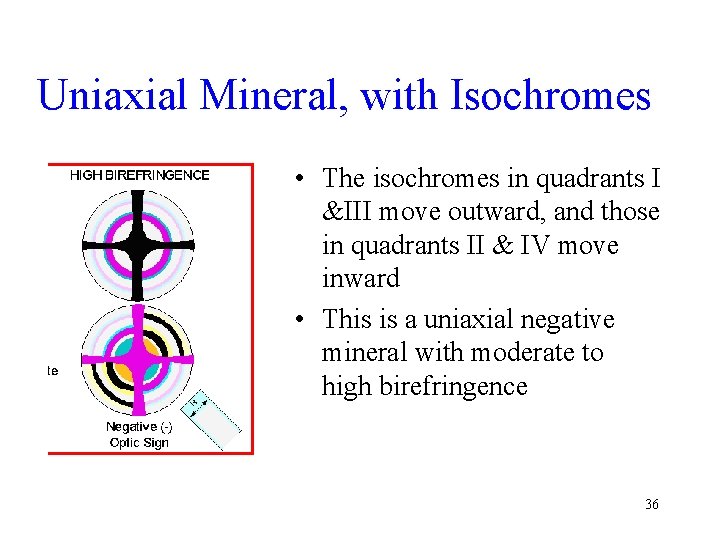 Uniaxial Mineral, with Isochromes • The isochromes in quadrants I &III move outward, and