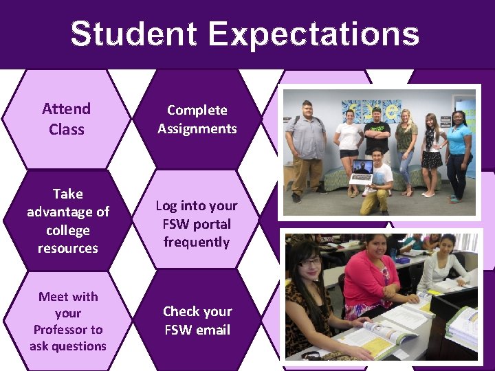 Student Expectations Attend Class Complete Assignments Take advantage of college resources Log into your