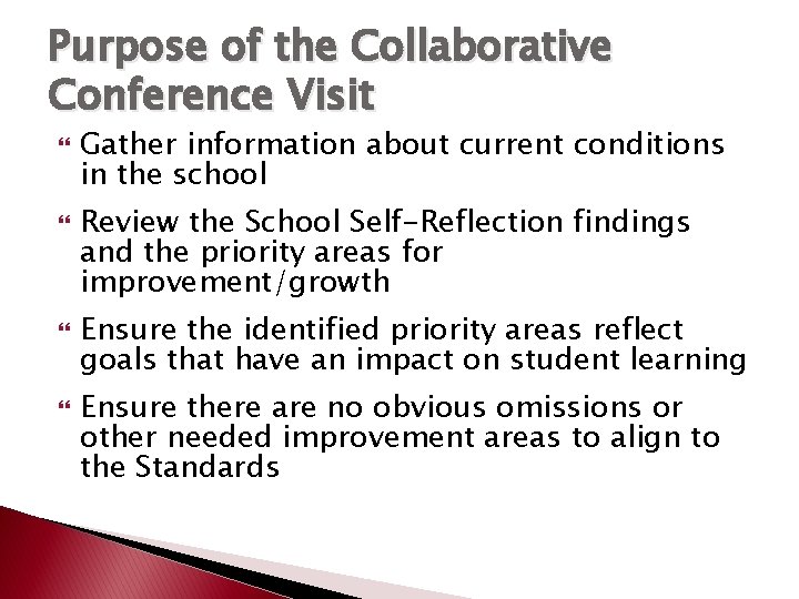 Purpose of the Collaborative Conference Visit Gather information about current conditions in the school