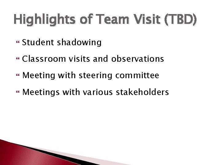 Highlights of Team Visit (TBD) Student shadowing Classroom visits and observations Meeting with steering