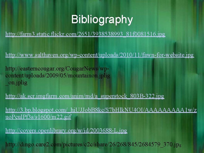 Bibliography http: //farm 3. static. flickr. com/2651/3938538993_81 f 0081516. jpg http: //www. salthaven. org/wp-content/uploads/2010/11/fawn-for-website.