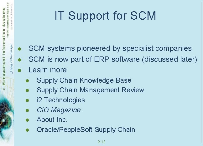 IT Support for SCM l l l SCM systems pioneered by specialist companies SCM