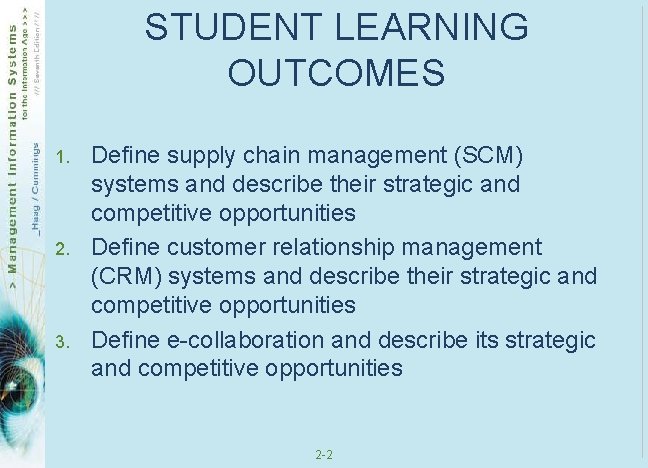 STUDENT LEARNING OUTCOMES 1. 2. 3. Define supply chain management (SCM) systems and describe