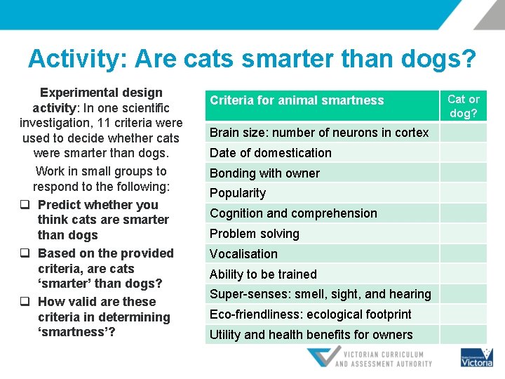 Activity: Are cats smarter than dogs? Experimental design activity: In one scientific investigation, 11