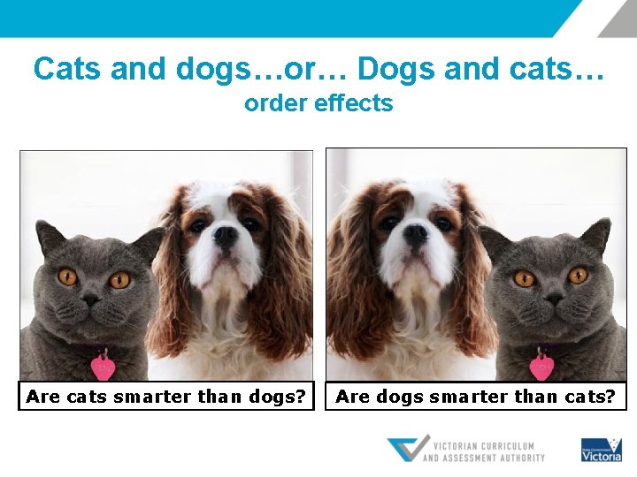 Cats and dogs…or… Dogs and cats… order effects Are cats smarter than dogs? Are