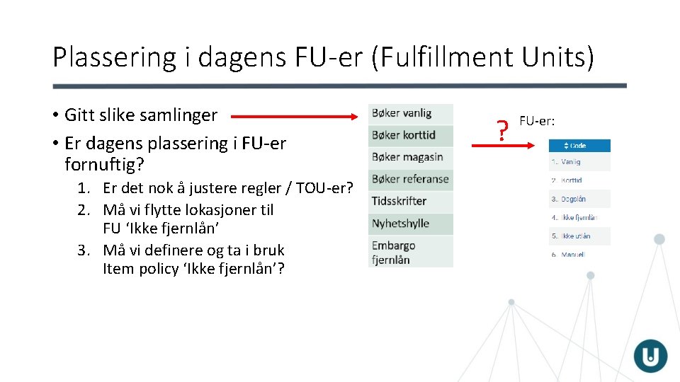 Plassering i dagens FU-er (Fulfillment Units) • Gitt slike samlinger • Er dagens plassering