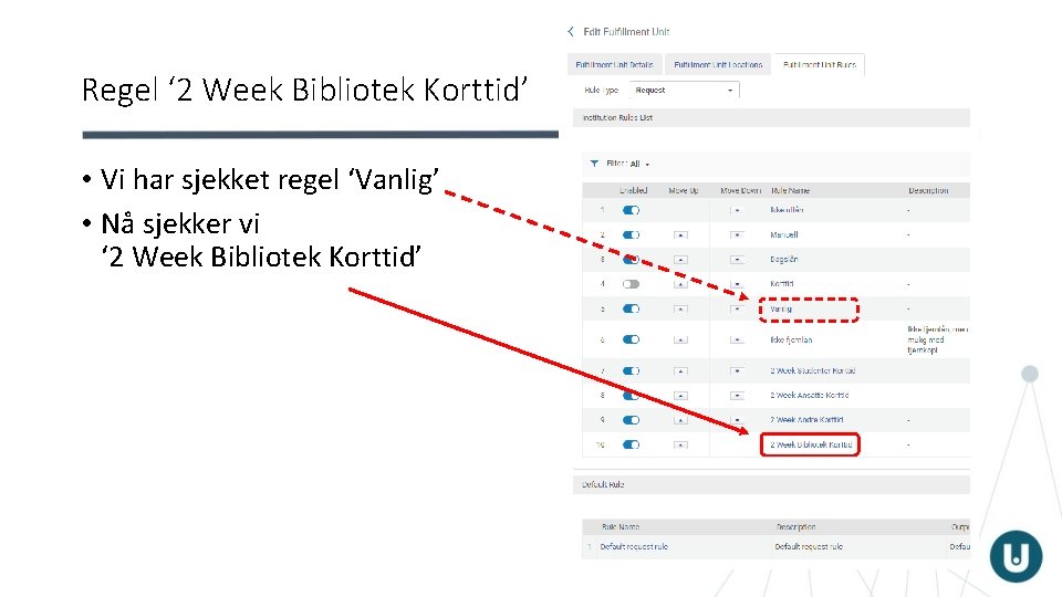 Regel ‘ 2 Week Bibliotek Korttid’ • Vi har sjekket regel ‘Vanlig’ • Nå