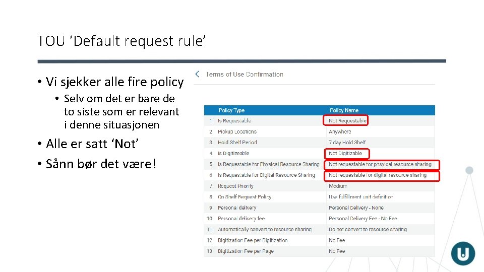 TOU ‘Default request rule’ • Vi sjekker alle fire policy • Selv om det