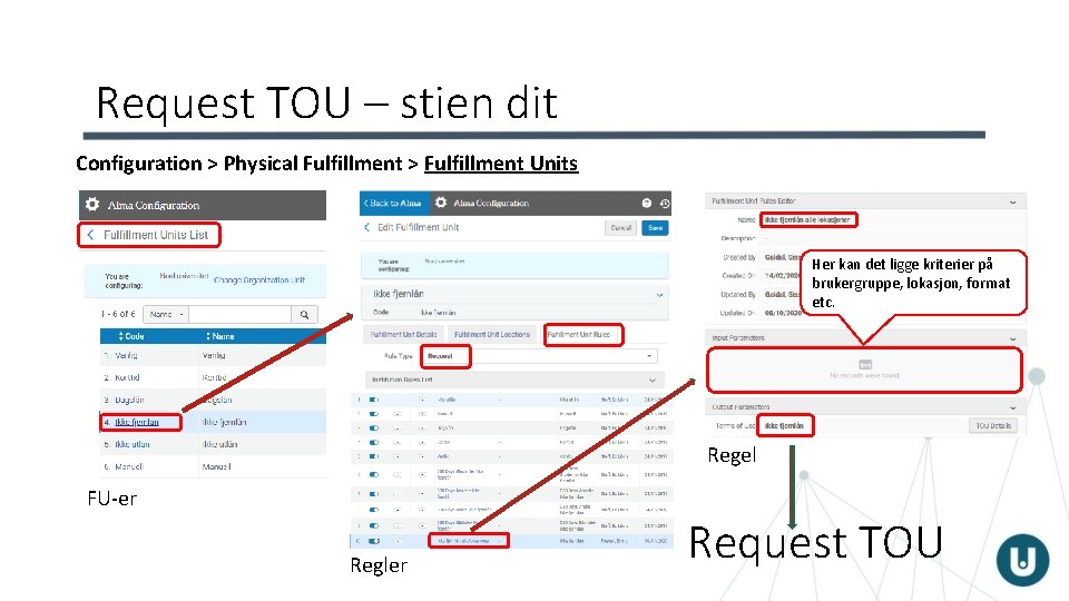 Request TOU – stien dit Configuration > Physical Fulfillment > Fulfillment Units Her kan