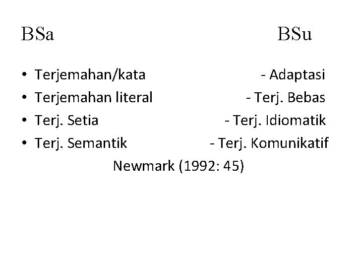 BSa • • BSu Terjemahan/kata - Adaptasi Terjemahan literal - Terj. Bebas Terj. Setia