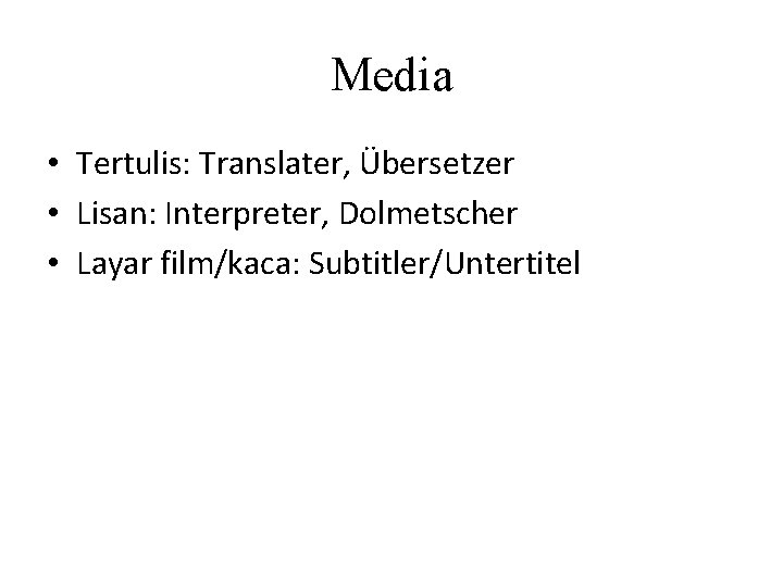 Media • Tertulis: Translater, Übersetzer • Lisan: Interpreter, Dolmetscher • Layar film/kaca: Subtitler/Untertitel 