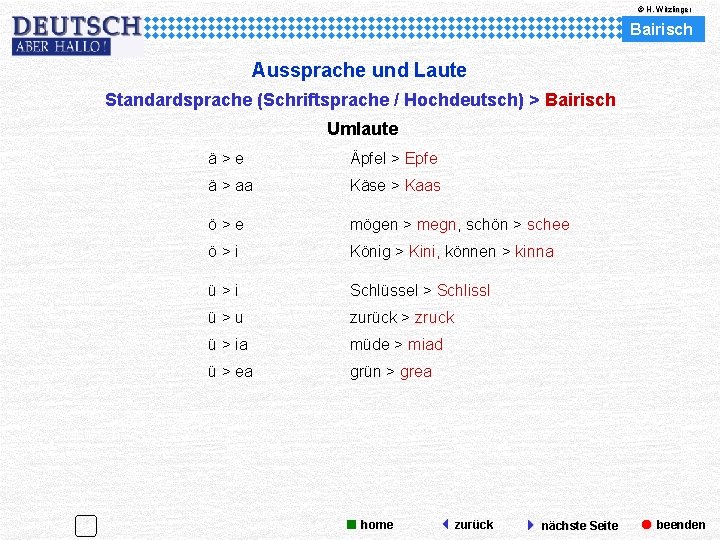 © H. Witzlinger Bairisch Aussprache und Laute Standardsprache (Schriftsprache / Hochdeutsch) > Bairisch Umlaute