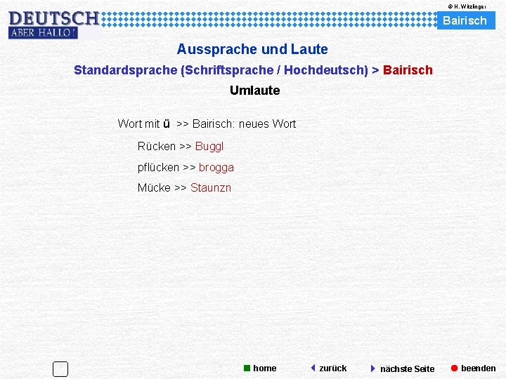 © H. Witzlinger Bairisch Aussprache und Laute Standardsprache (Schriftsprache / Hochdeutsch) > Bairisch Umlaute