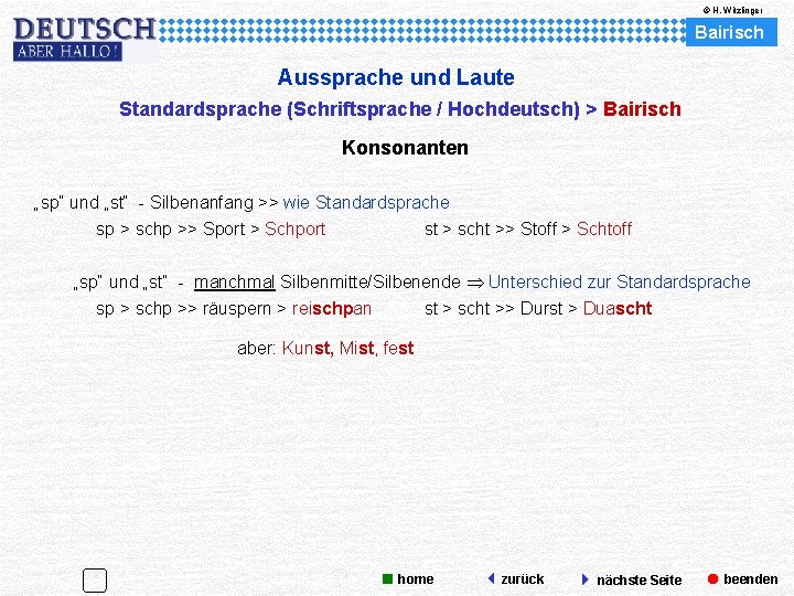 © H. Witzlinger Bairisch Aussprache und Laute Standardsprache (Schriftsprache / Hochdeutsch) > Bairisch Konsonanten