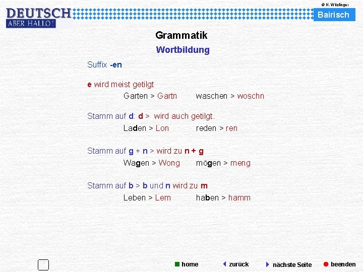 © H. Witzlinger Bairisch Grammatik Wortbildung Suffix -en e wird meist getilgt Garten >