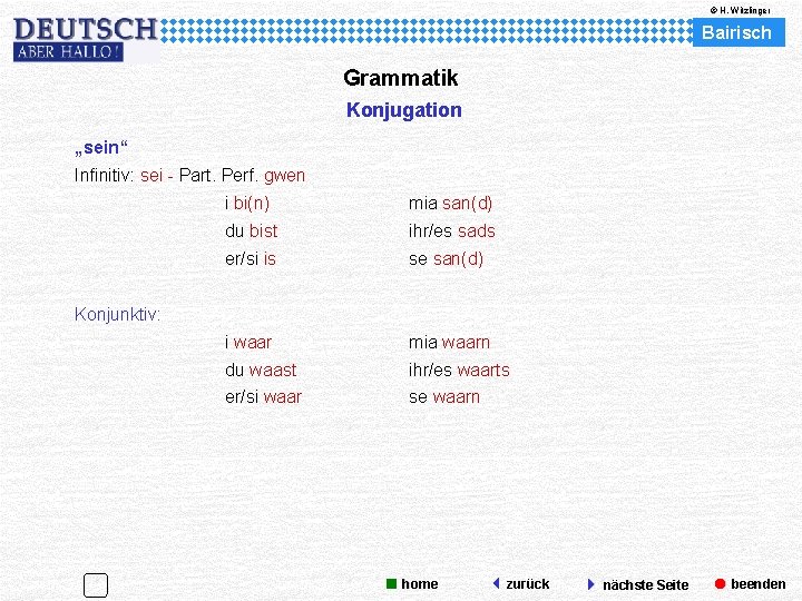 © H. Witzlinger Bairisch Grammatik Konjugation „sein“ Infinitiv: sei - Part. Perf. gwen i