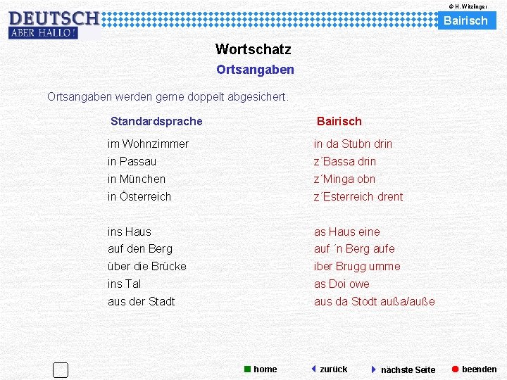 © H. Witzlinger Bairisch Wortschatz Ortsangaben werden gerne doppelt abgesichert. Standardsprache Bairisch im Wohnzimmer