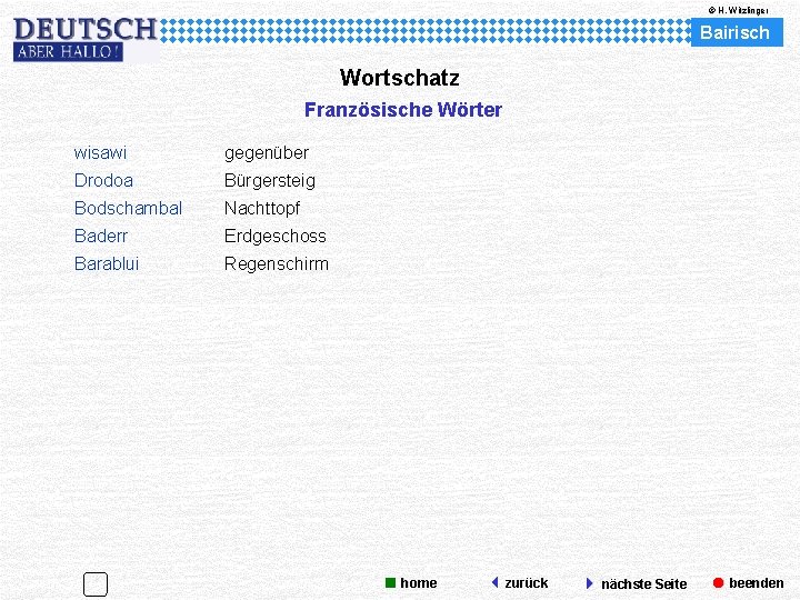 © H. Witzlinger Bairisch Wortschatz Französische Wörter wisawi gegenüber Drodoa Bürgersteig Bodschambal Nachttopf Baderr