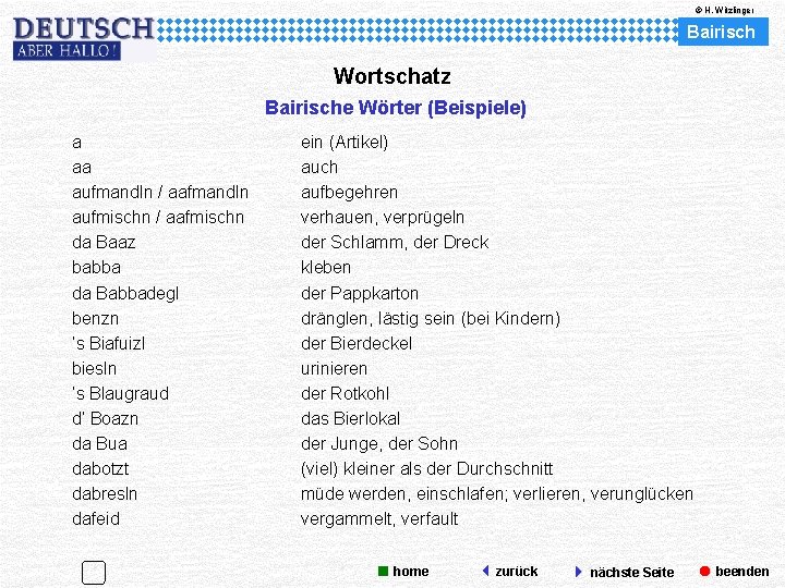 © H. Witzlinger Bairisch Wortschatz Bairische Wörter (Beispiele) a aa aufmandln / aafmandln aufmischn