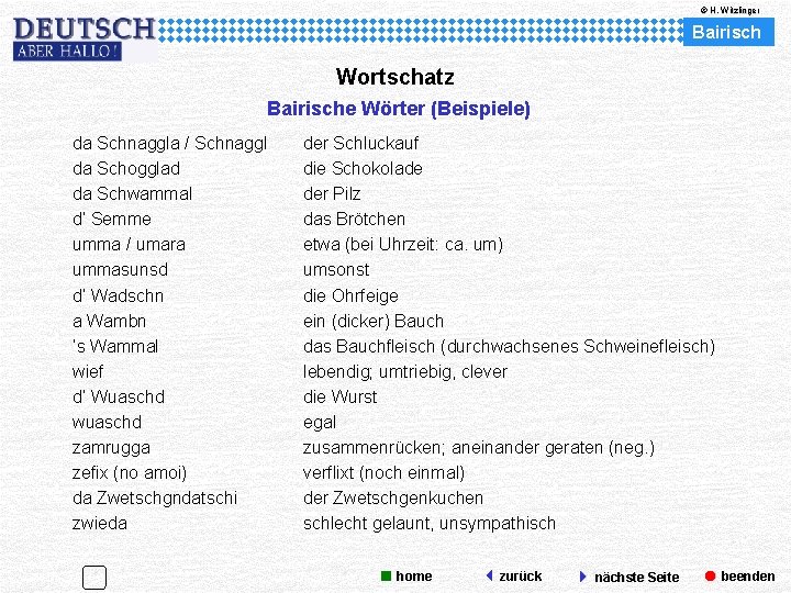 © H. Witzlinger Bairisch Wortschatz Bairische Wörter (Beispiele) da Schnaggla / Schnaggl da Schogglad