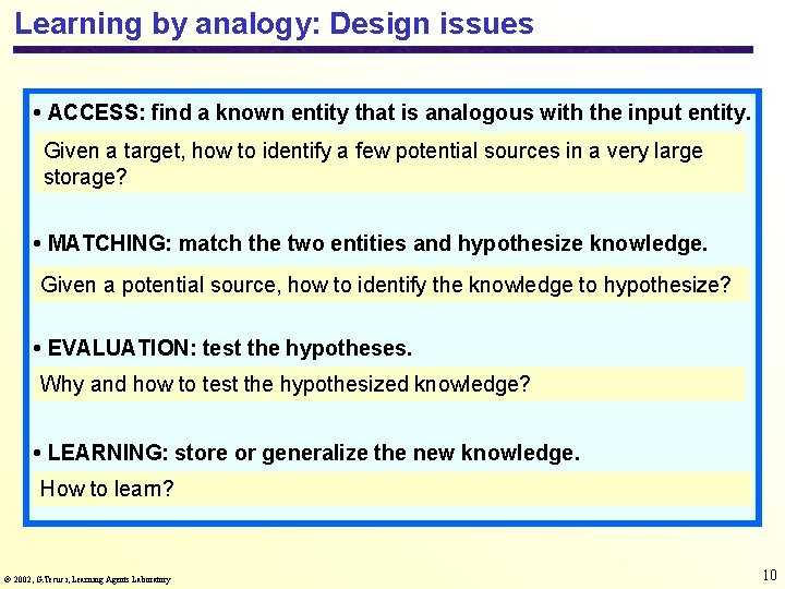 Learning by analogy: Design issues • ACCESS: find a known entity that is analogous