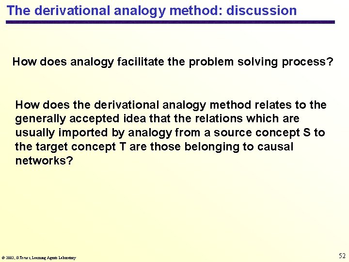 The derivational analogy method: discussion How does analogy facilitate the problem solving process? How